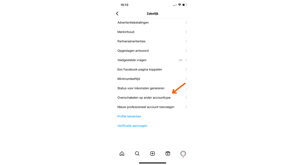 Instagram overschakelen op ander accounttype 